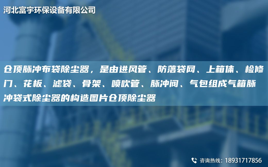 仓顶脉冲布袋除尘器，是由进风管、防落袋网、上箱体、检修门、花板、滤袋、骨架、喷吹管、脉冲阀、气包组成气箱脉冲袋式除尘器的构造图片仓顶除尘器