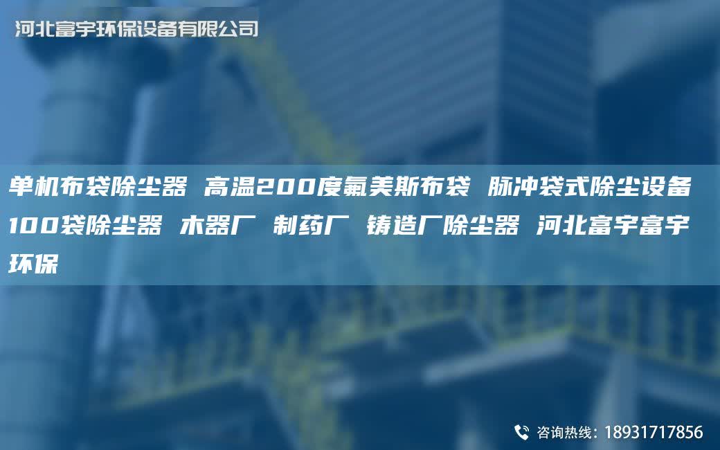 单机布袋除尘器 高温200度氟美斯布袋 脉冲袋式除尘设备 100袋除尘器 木器厂 制药厂 铸造厂除尘器 河北富宇富宇环保